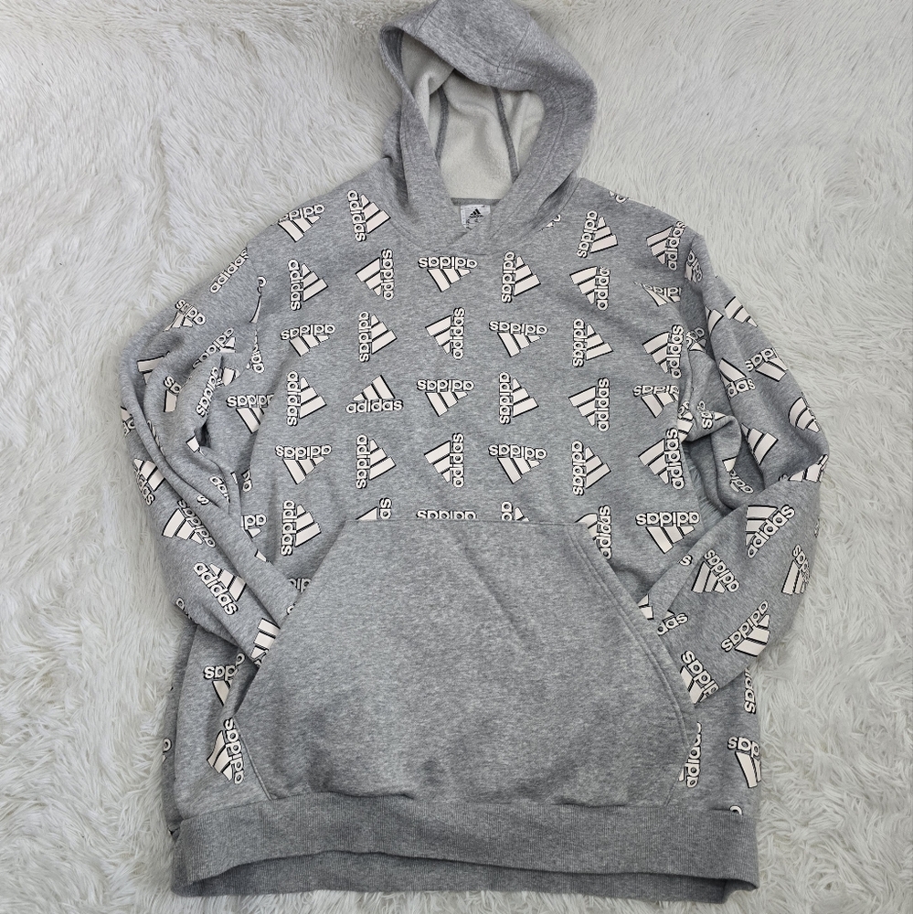 Adidas Gray And White All Over Print Fleece Hoodie Men's 2XL